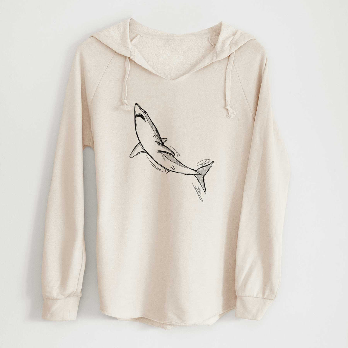 Bone cream women's Cali Wave hooded sweatshirt laid flat, printed with a black ink illustration of a shortfin mako shark diving.