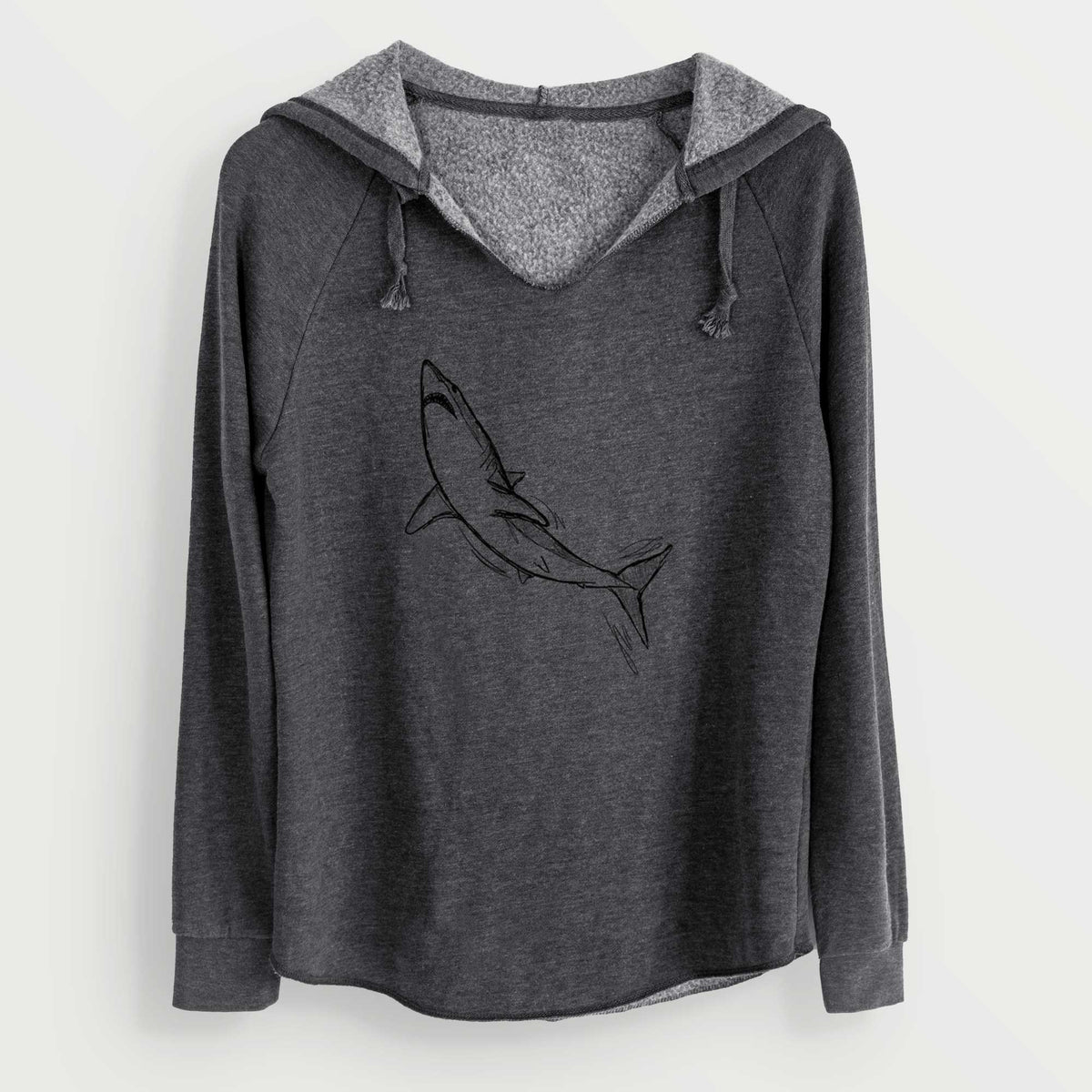 Charcoal grey women's Cali Wave hooded sweatshirt laid flat, printed with a black ink illustration of a shortfin mako shark diving.
