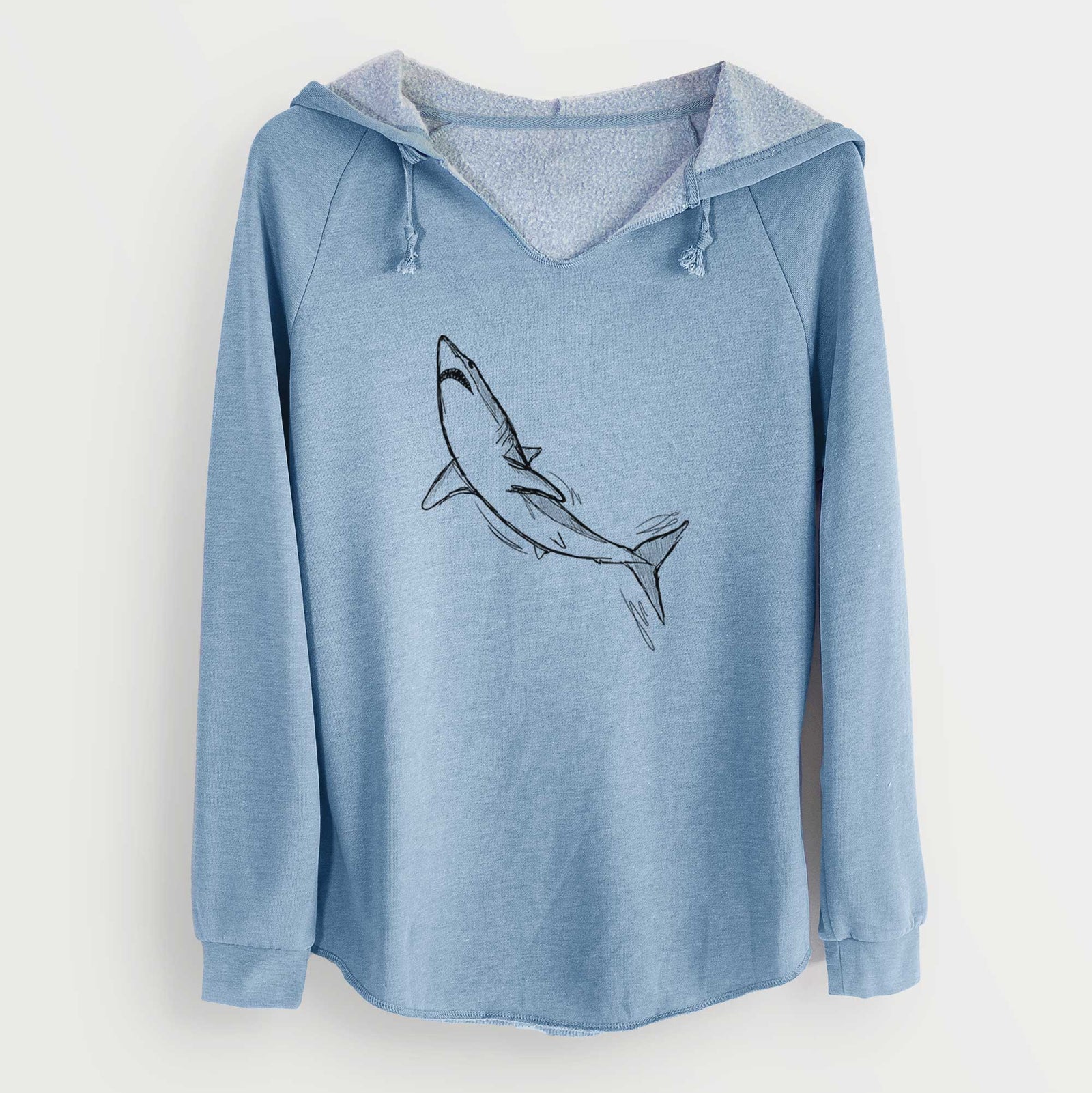 Misty blue women's Cali Wave hooded sweatshirt laid flat, printed with a black ink illustration of a shortfin mako shark diving.