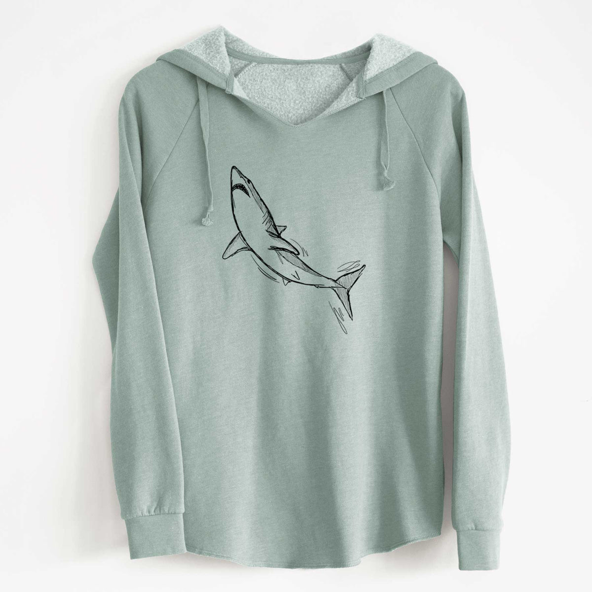 Sage green women's Cali Wave hooded sweatshirt laid flat, printed with a black ink illustration of a shortfin mako shark diving.
