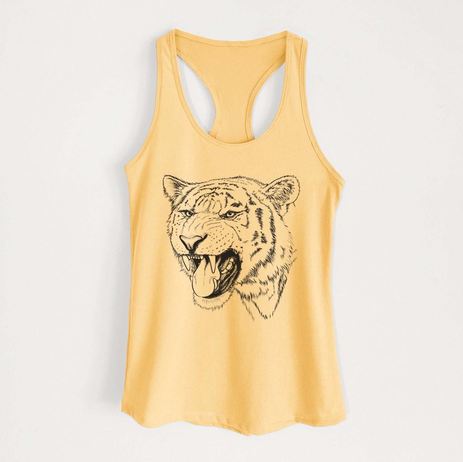 Banana cream women's racerback tank top laid flat, printed with a detailed black ink portrait of a roaring Siberian tiger.