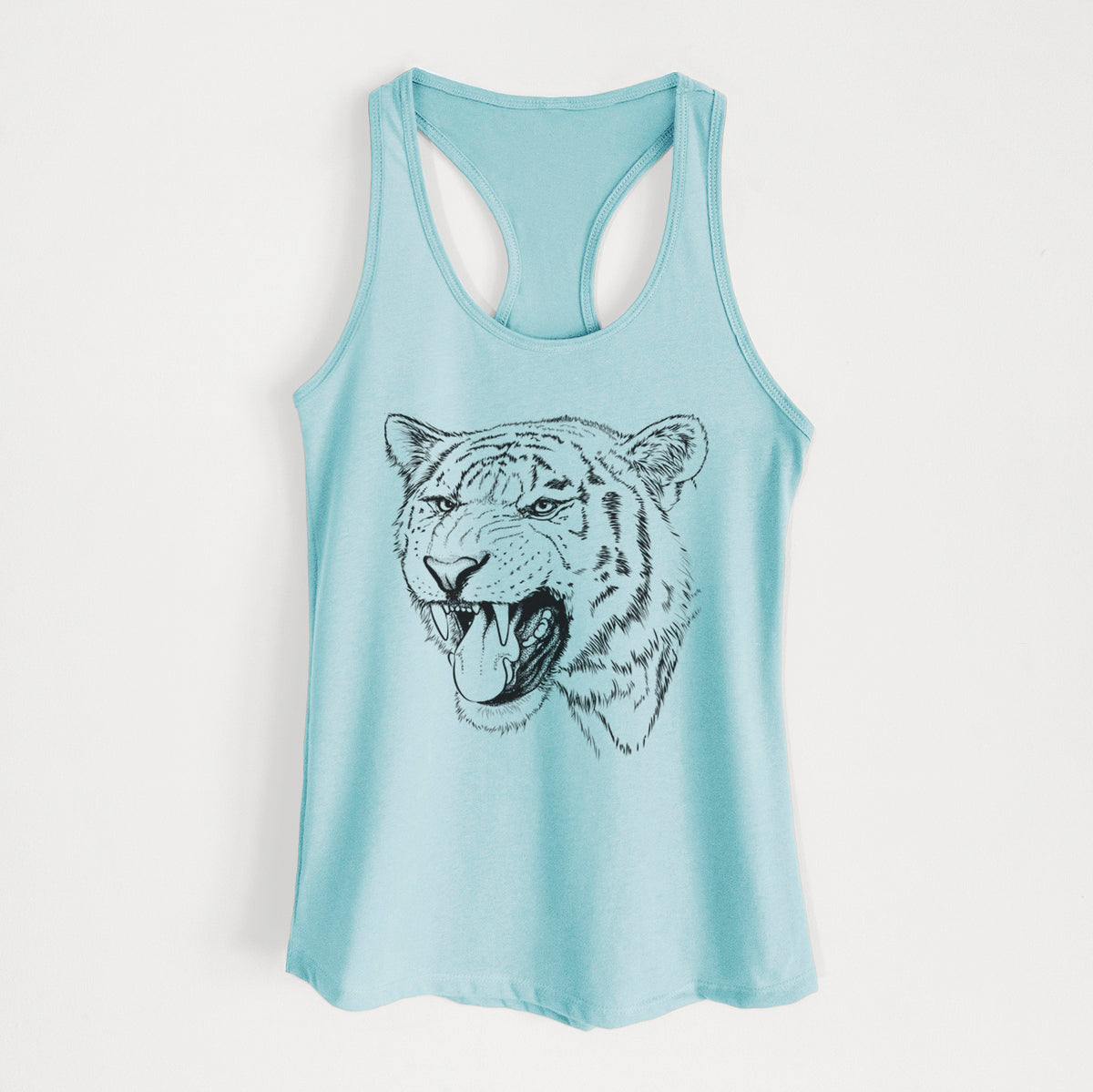 Cancun blue women's racerback tank top laid flat, printed with a detailed black ink portrait of a roaring Siberian tiger.