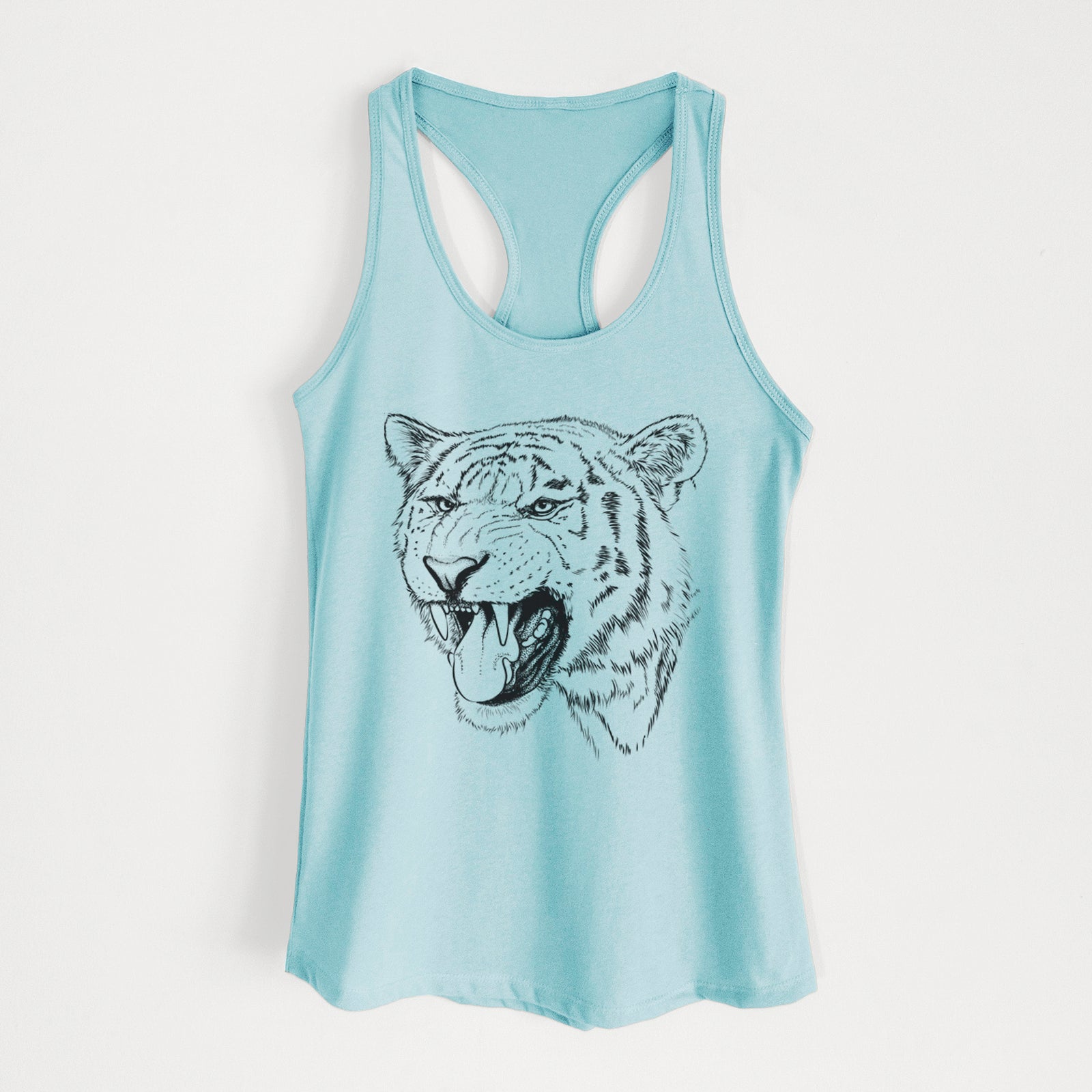 Banana cream women's racerback tank top laid flat, printed with a detailed black ink portrait of a roaring Siberian tiger.