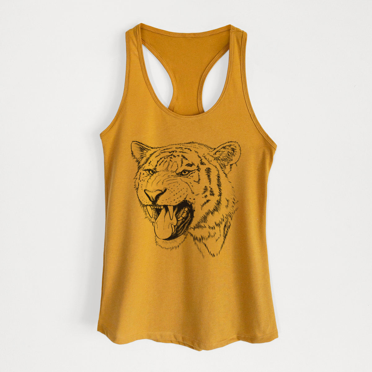 Gold women's racerback tank top laid flat, printed with a detailed black ink portrait of a roaring Siberian tiger.