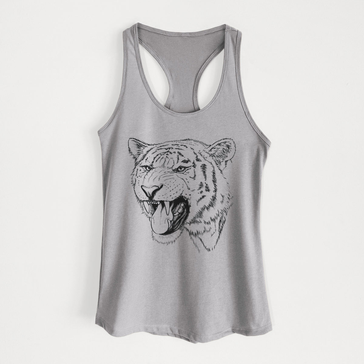 Heather grey women's racerback tank top laid flat, printed with a detailed black ink portrait of a roaring Siberian tiger.