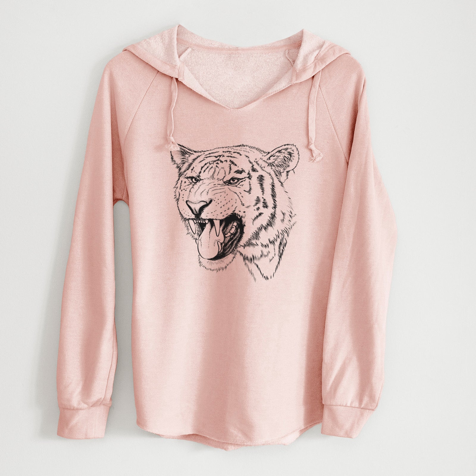 Sage green women's Cali Wave hooded sweatshirt laid flat, printed with a detailed black ink portrait of a roaring Siberian tiger.
