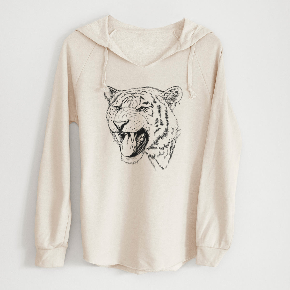 Bone cream women's Cali Wave hooded sweatshirt laid flat, printed with a detailed black ink portrait of a roaring Siberian tiger.