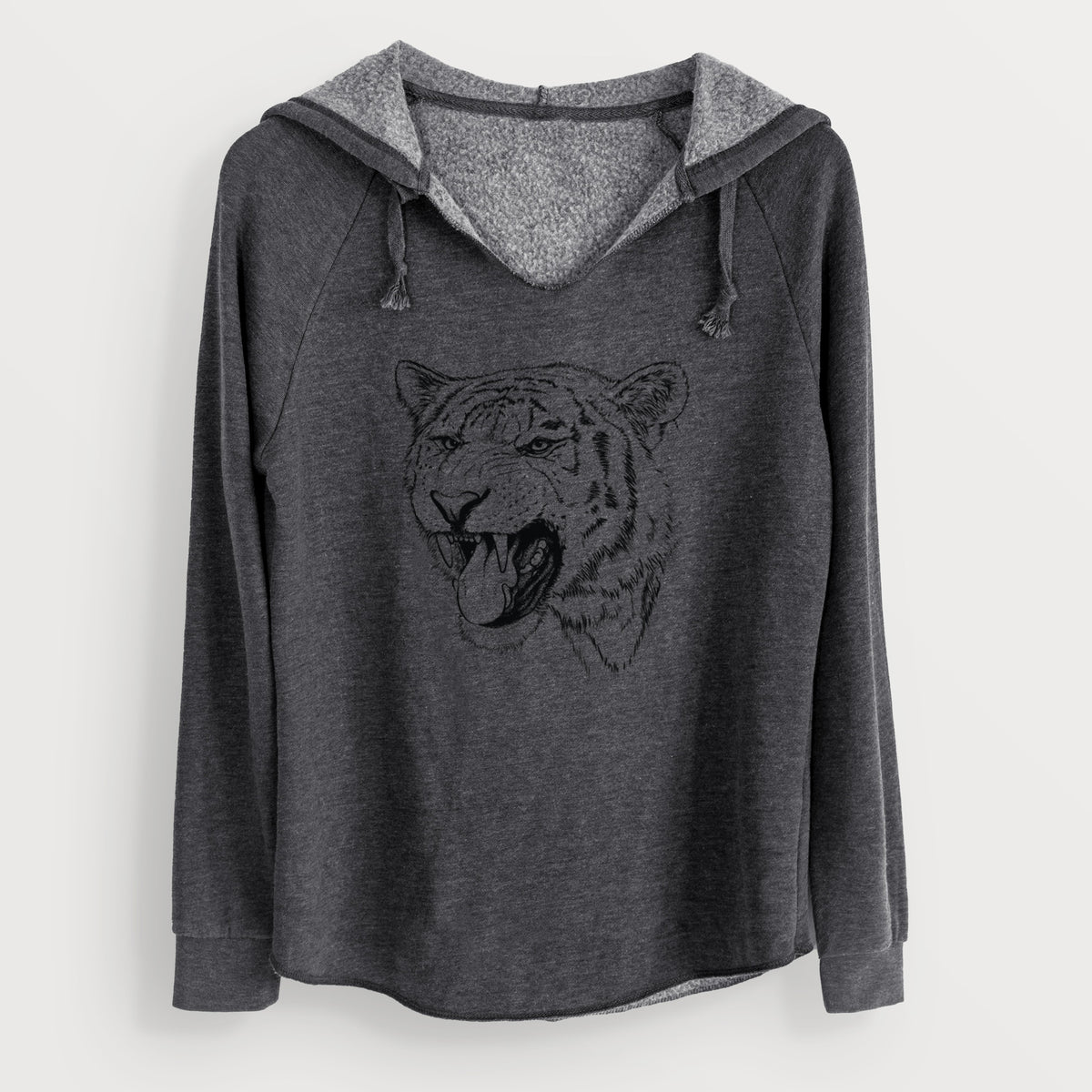 Charcoal grey women's Cali Wave hooded sweatshirt laid flat, printed with a detailed black ink portrait of a roaring Siberian tiger.