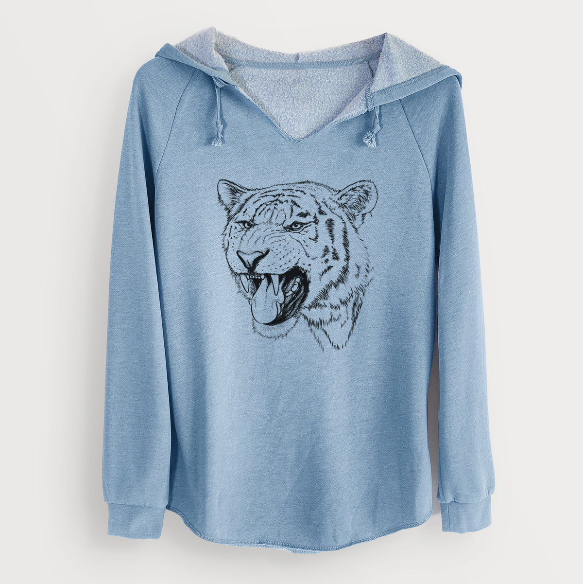 Misty blue women's Cali Wave hooded sweatshirt laid flat, printed with a detailed black ink portrait of a roaring Siberian tiger.