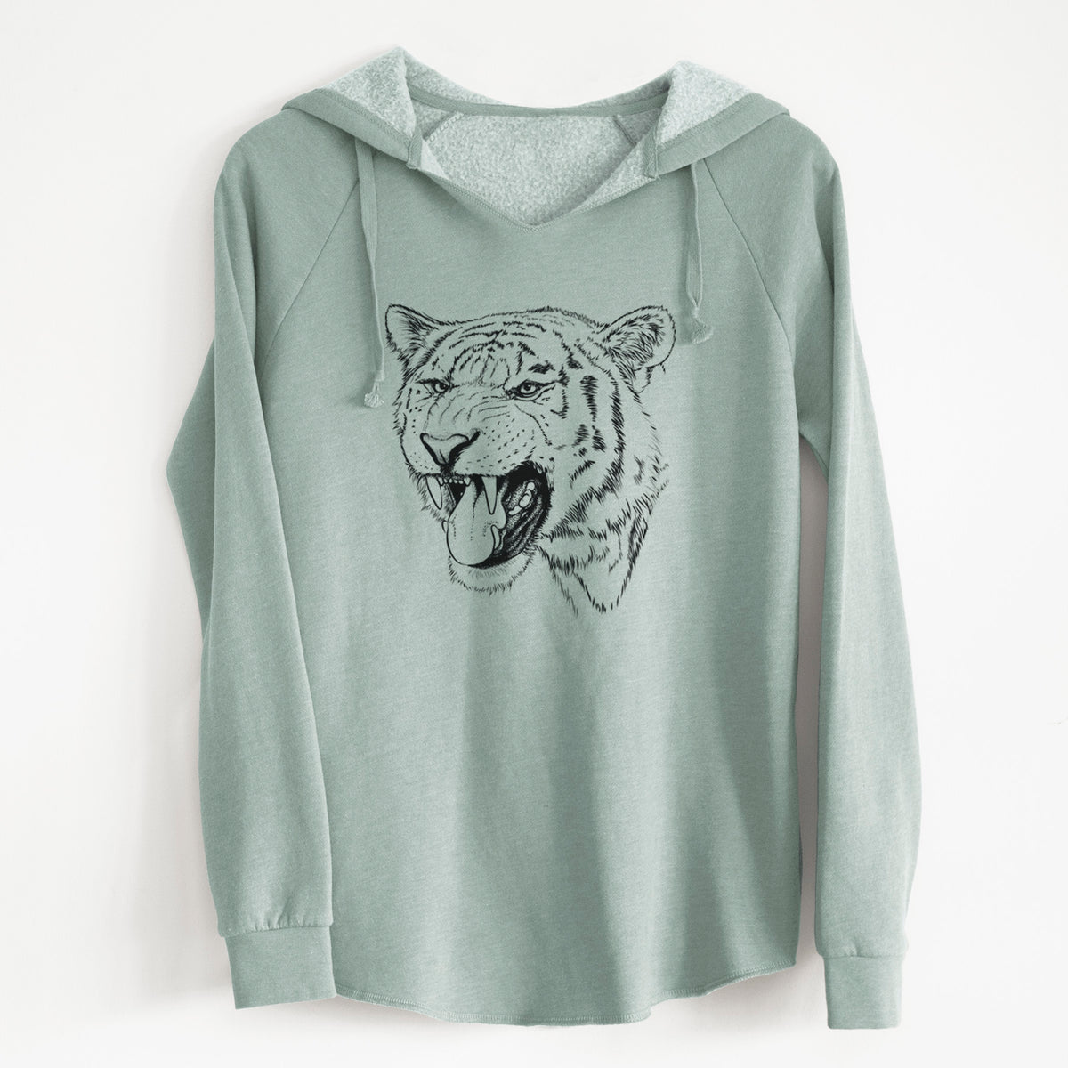 Sage green women's Cali Wave hooded sweatshirt laid flat, printed with a detailed black ink portrait of a roaring Siberian tiger.
