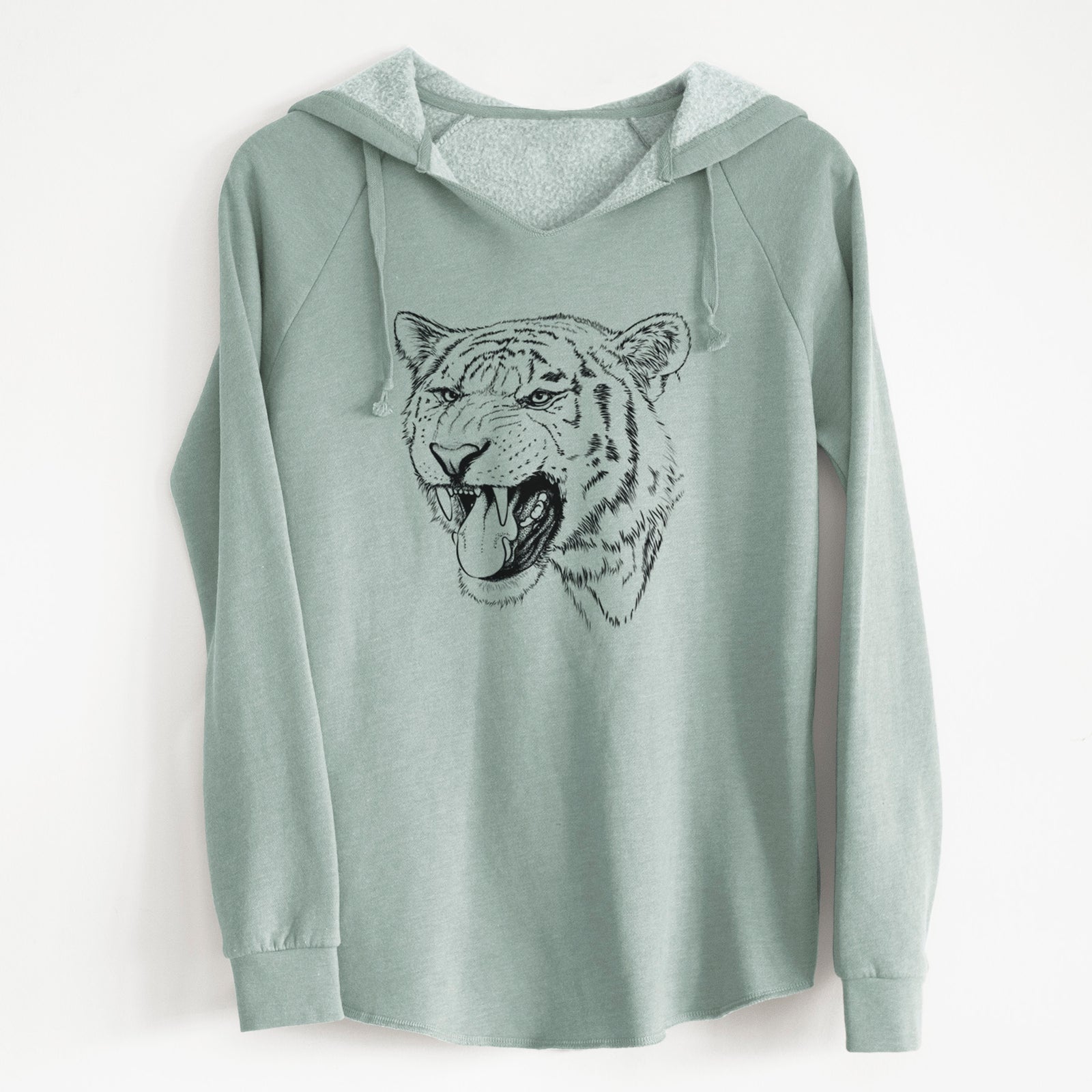 Sage green women's Cali Wave hooded sweatshirt laid flat, printed with a detailed black ink portrait of a roaring Siberian tiger.