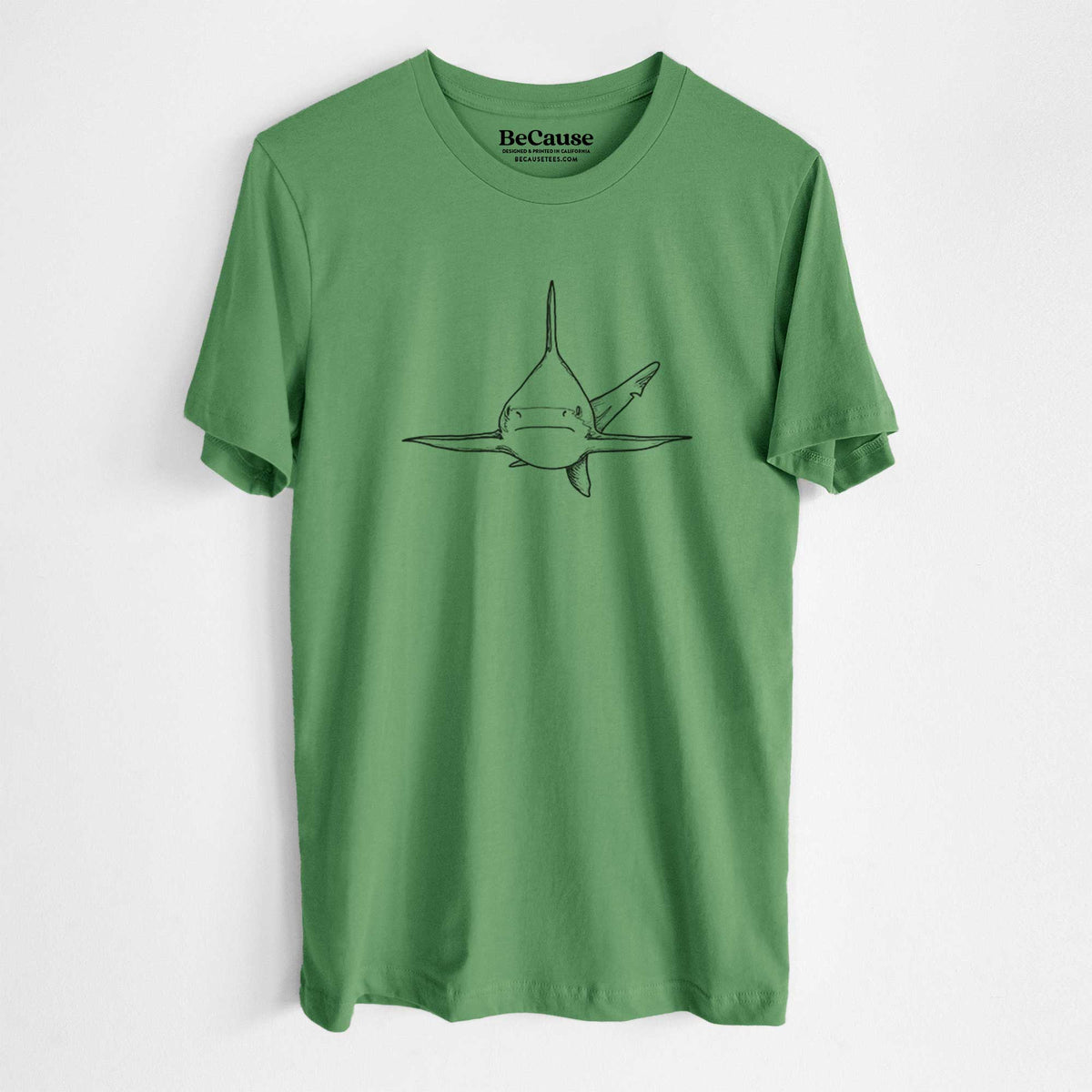 Leaf green lightweight cotton t-shirt laid flat, printed with a black ink illustration of a silvertip shark swimming head-on.