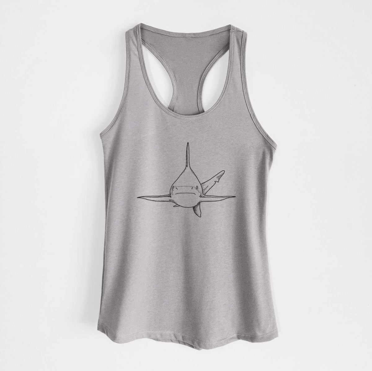Heather grey women's racerback tank top laid flat, printed with a black ink illustration of a silvertip shark swimming head-on.