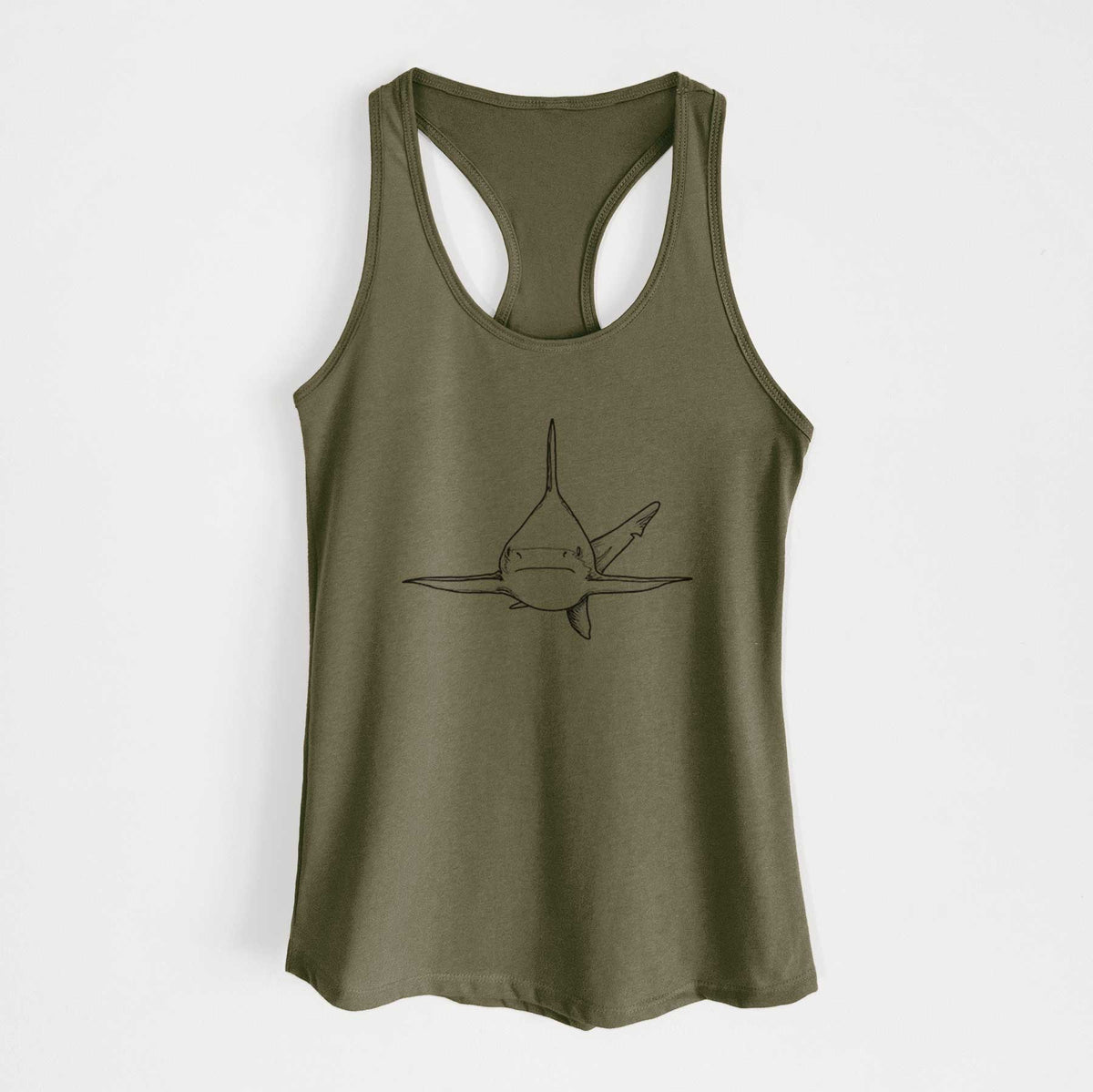 Military green women's racerback tank top laid flat, printed with a black ink illustration of a silvertip shark swimming head-on.