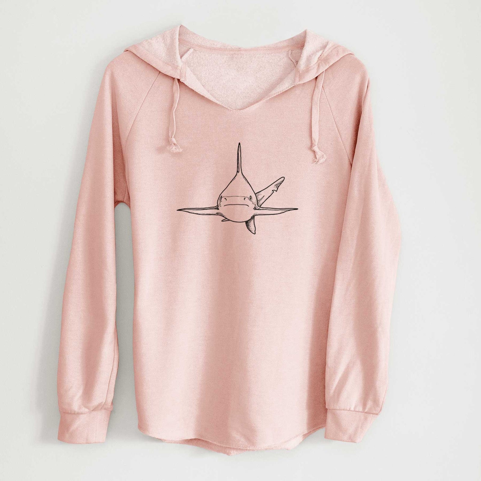 Sage green women's Cali Wave hooded sweatshirt laid flat, printed with a black ink illustration of a silvertip shark swimming head-on.
