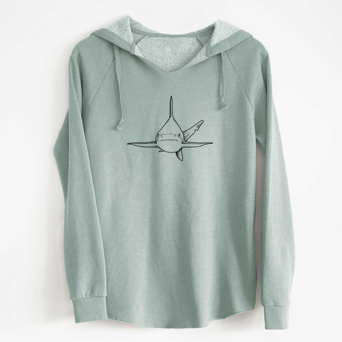 Sage green women's Cali Wave hooded sweatshirt laid flat, printed with a black ink illustration of a silvertip shark swimming head-on.
