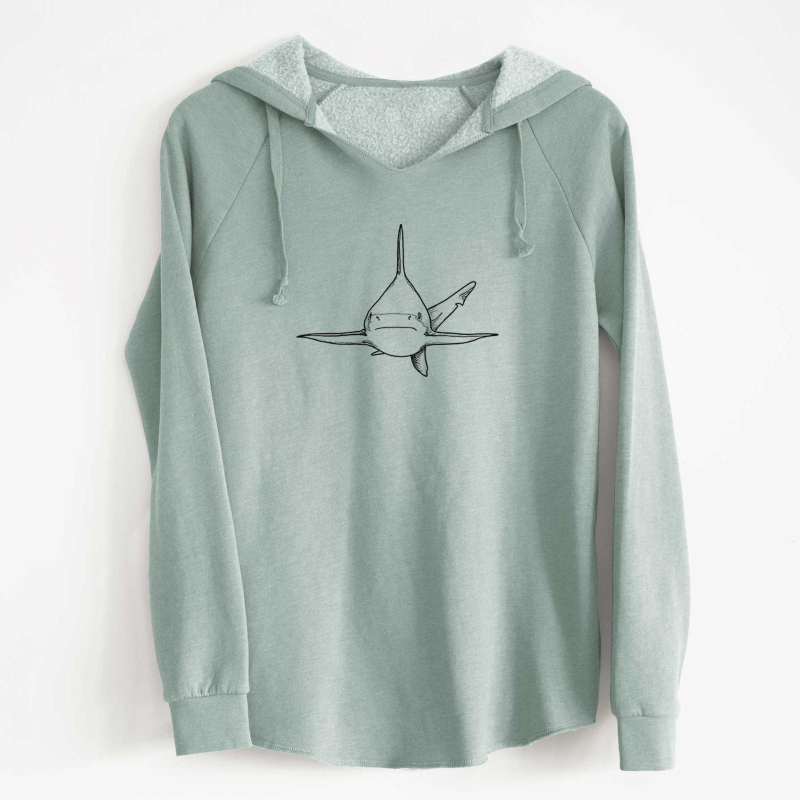 Sage green women's Cali Wave hooded sweatshirt laid flat, printed with a black ink illustration of a silvertip shark swimming head-on.