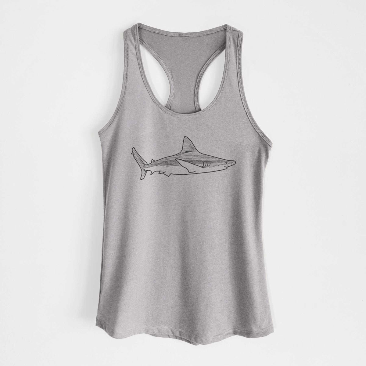 Heather grey women's racerback tank top laid flat, printed with a black ink illustration of a silvertip shark swimming in profile.