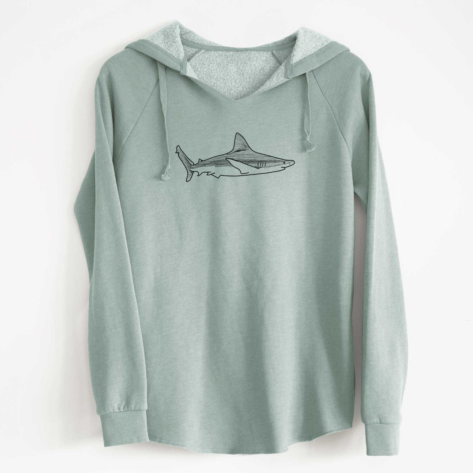 Dusty rose women's Cali Wave hooded sweatshirt laid flat, printed with a black ink illustration of a silvertip shark swimming in profile.