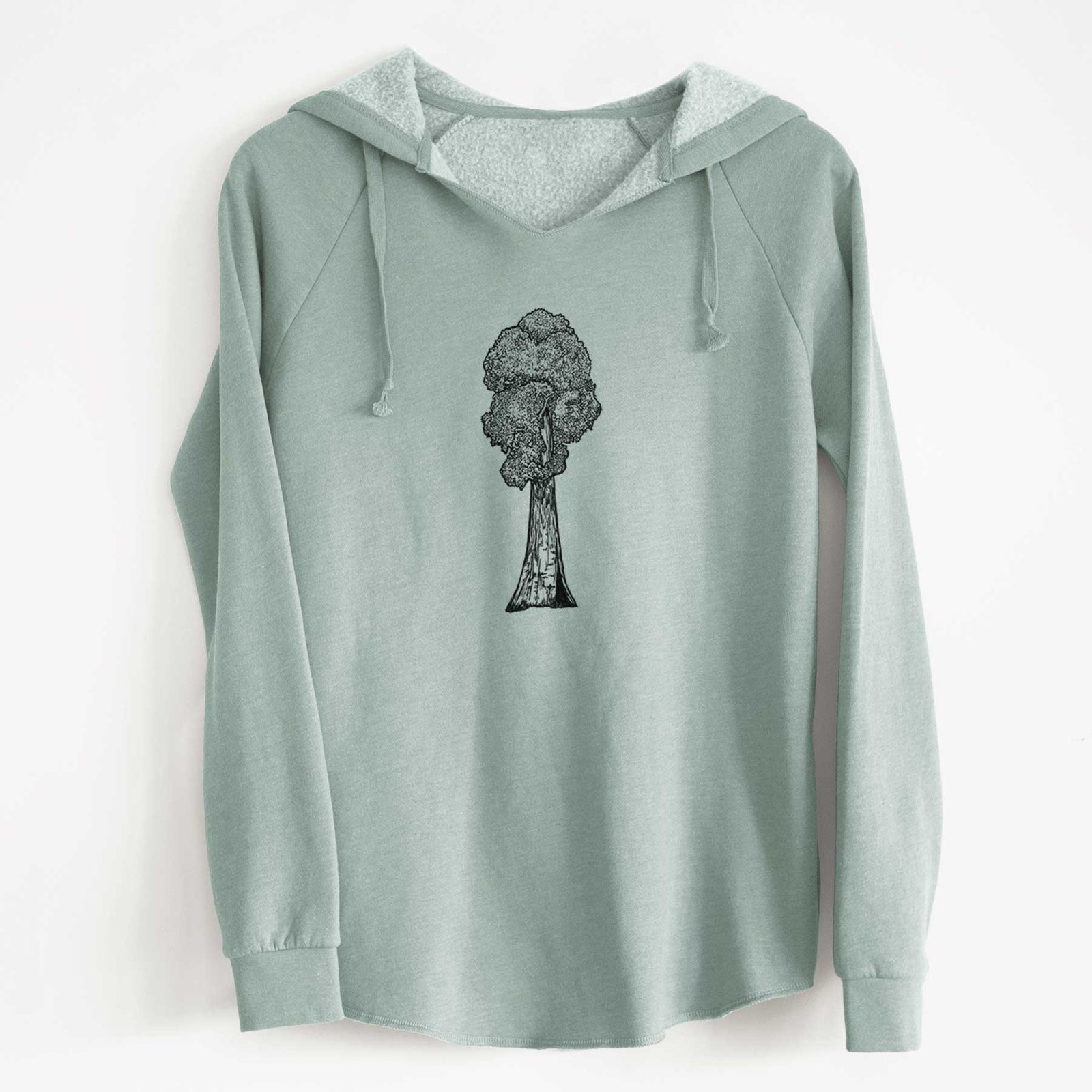 Sage green women's Cali Wave hooded sweatshirt laid flat, printed with a black ink illustration of a single giant sequoia tree.