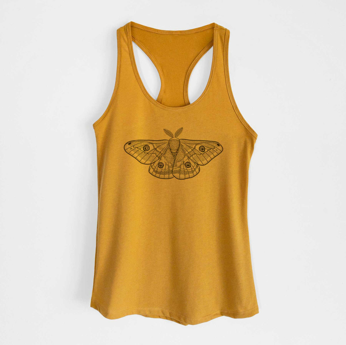 Gold women's racerback tank top laid flat, printed with a detailed black ink illustration of a small emperor moth with eyespots on its wings.