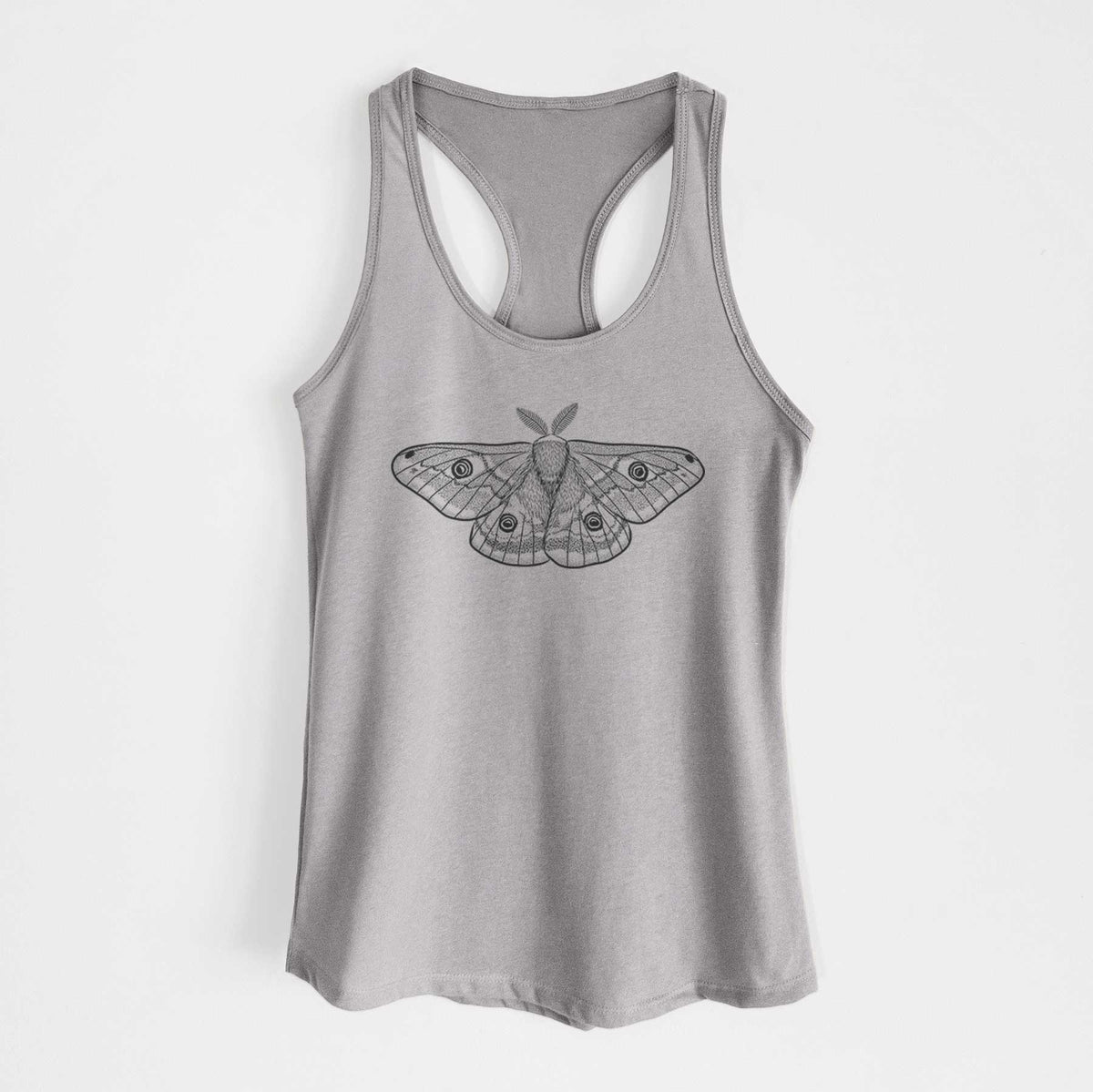 Heather grey women's racerback tank top laid flat, printed with a detailed black ink illustration of a small emperor moth with eyespots on its wings.