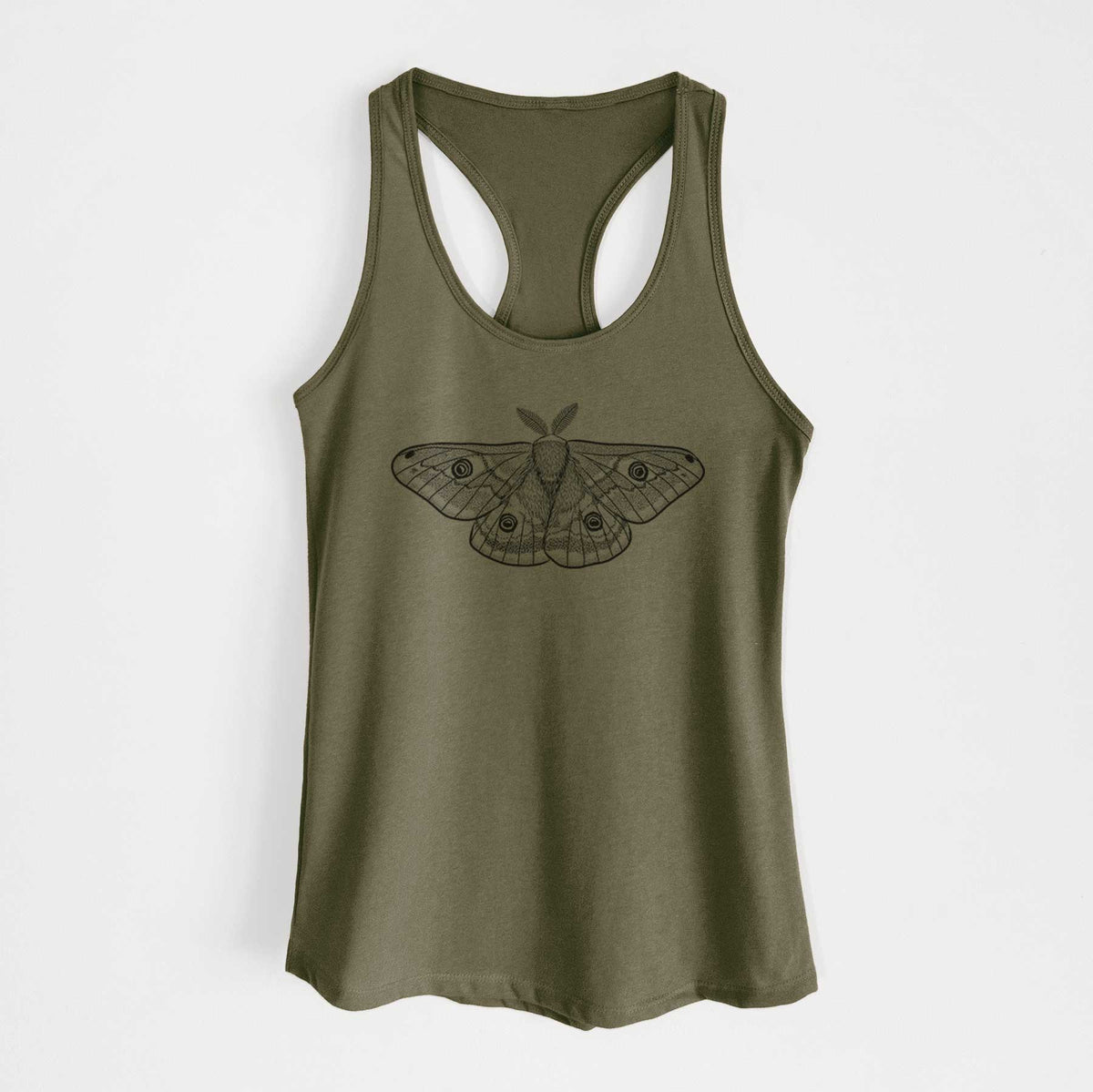 Military green women's racerback tank top laid flat, printed with a detailed black ink illustration of a small emperor moth with eyespots on its wings.