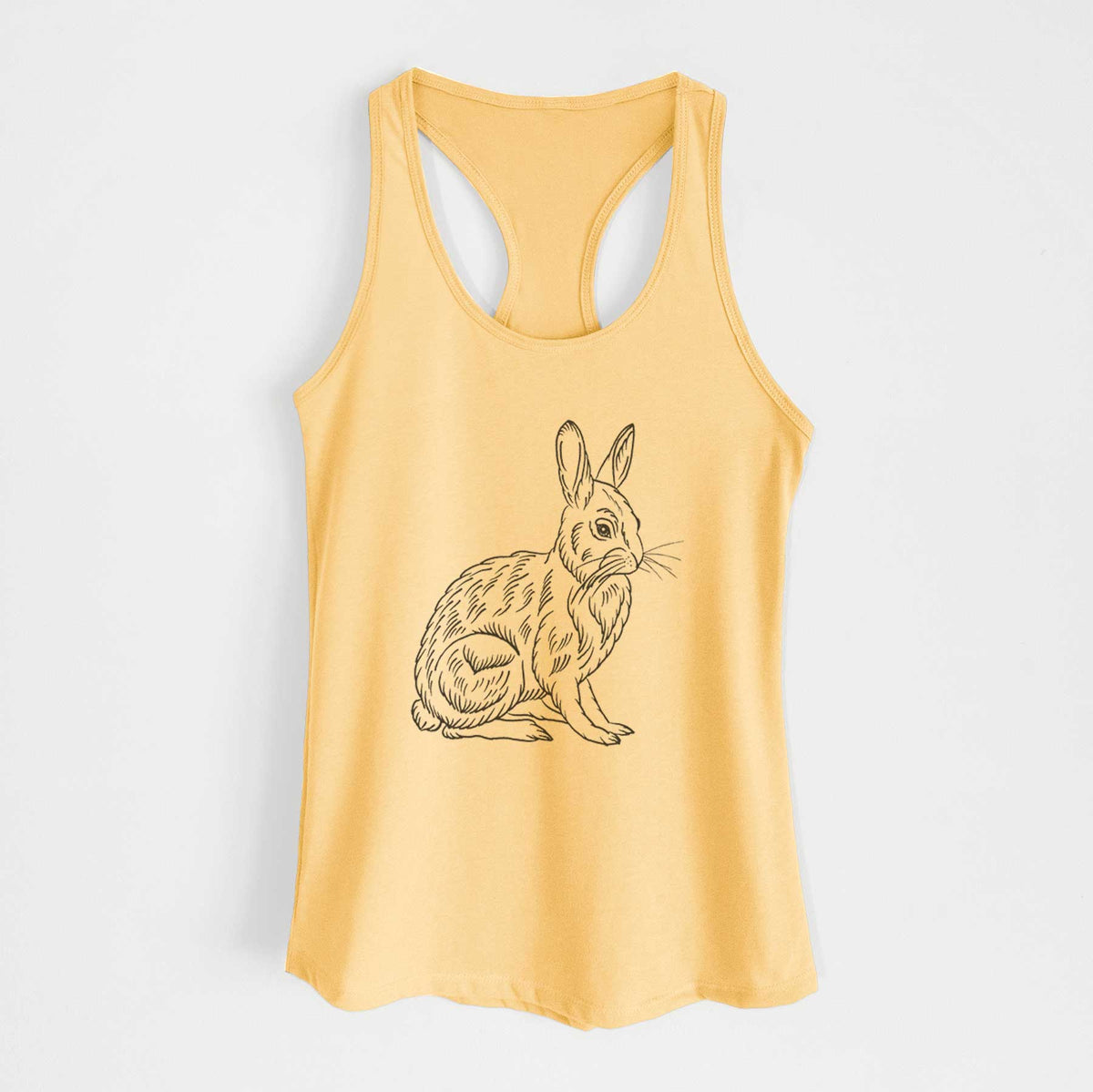 Banana cream women's racerback tank top laid flat, printed with a detailed black ink illustration of a snowshoe hare sitting upright.