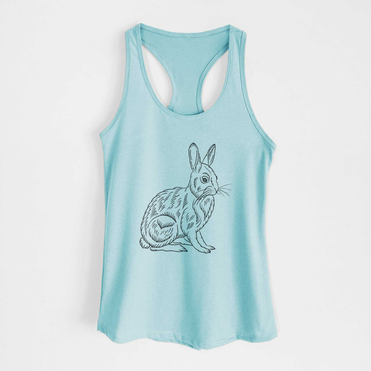 Cancun blue women's racerback tank top laid flat, printed with a detailed black ink illustration of a snowshoe hare sitting upright.
