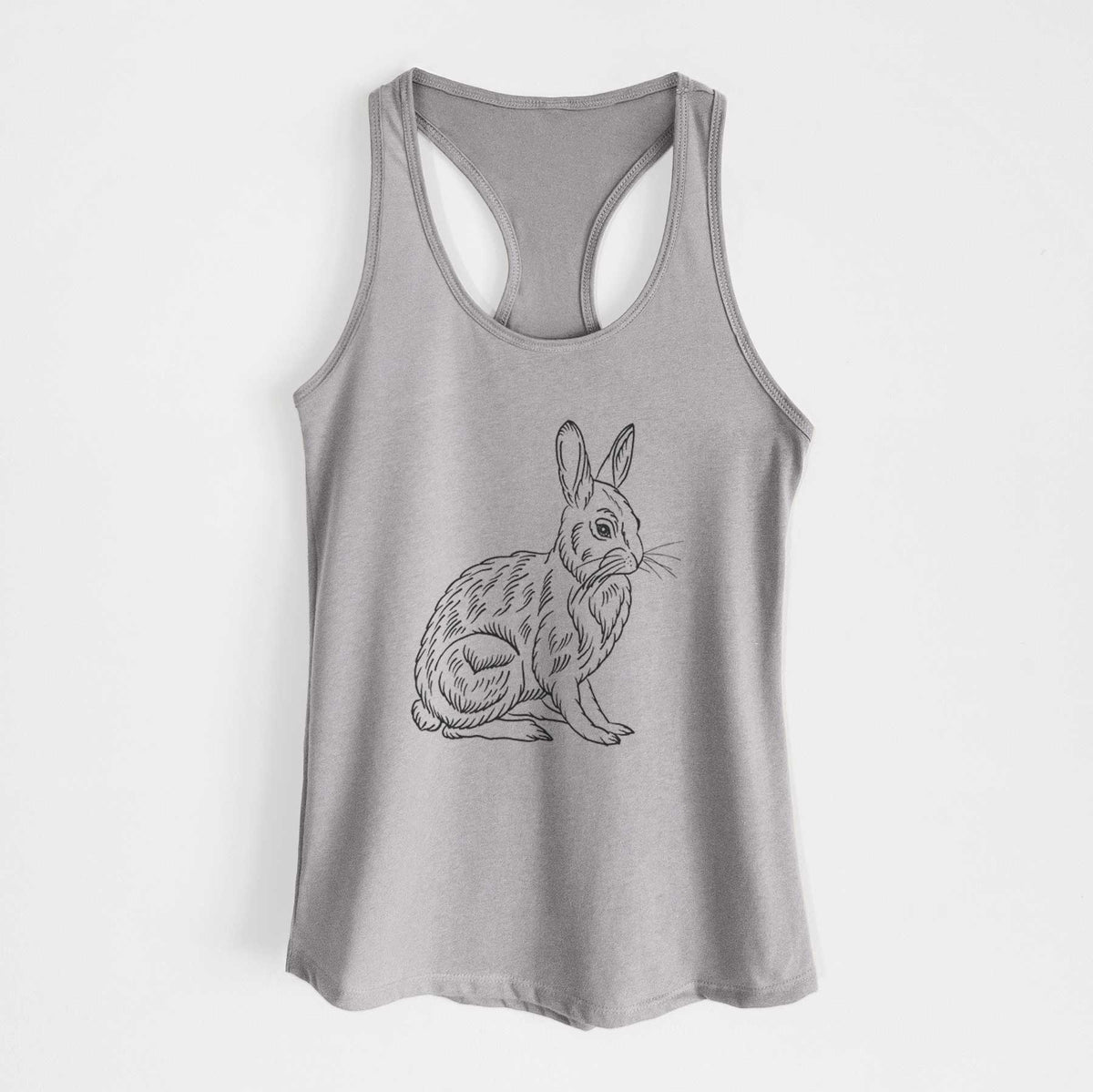 Heather grey women's racerback tank top laid flat, printed with a detailed black ink illustration of a snowshoe hare sitting upright.