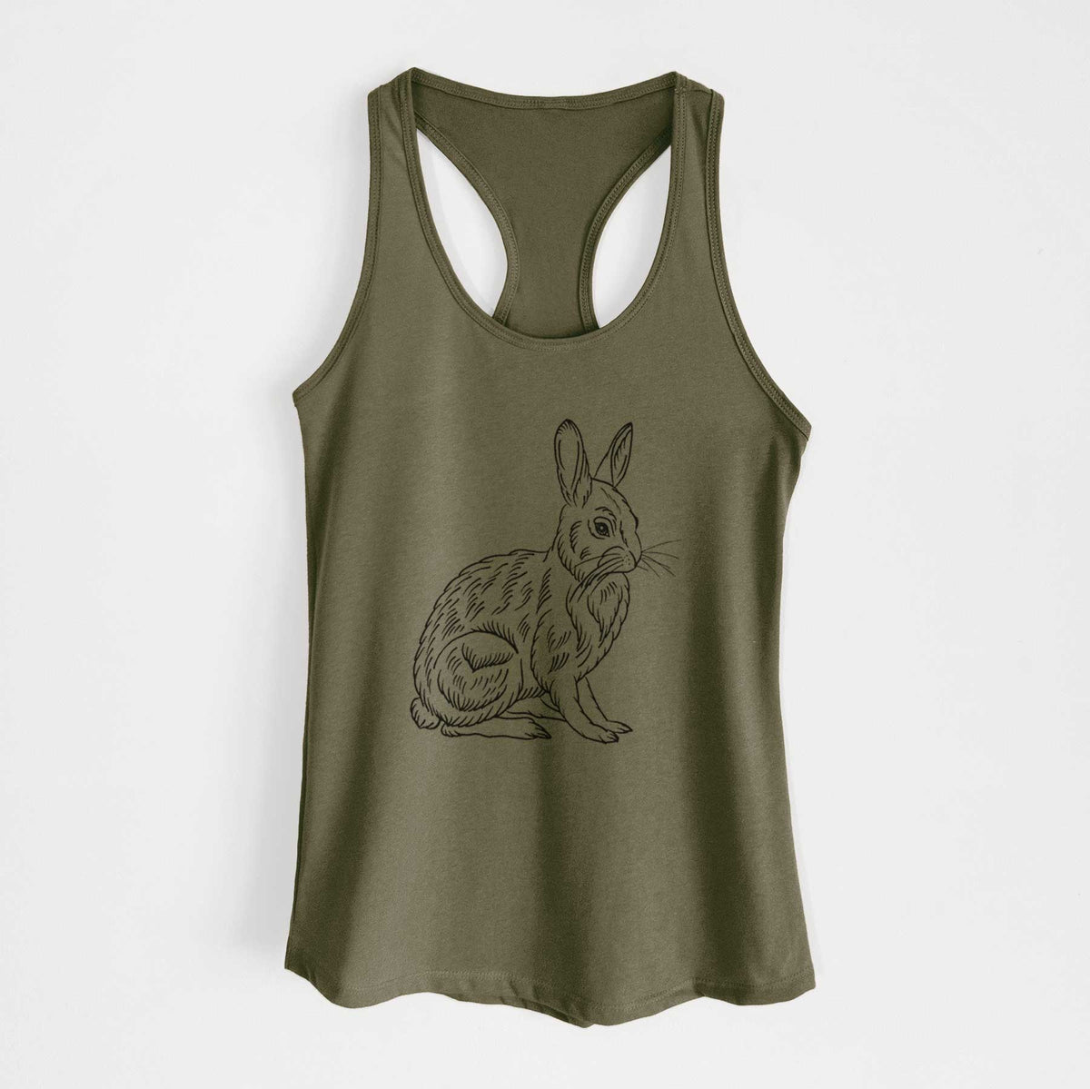 Military green women's racerback tank top laid flat, printed with a detailed black ink illustration of a snowshoe hare sitting upright.