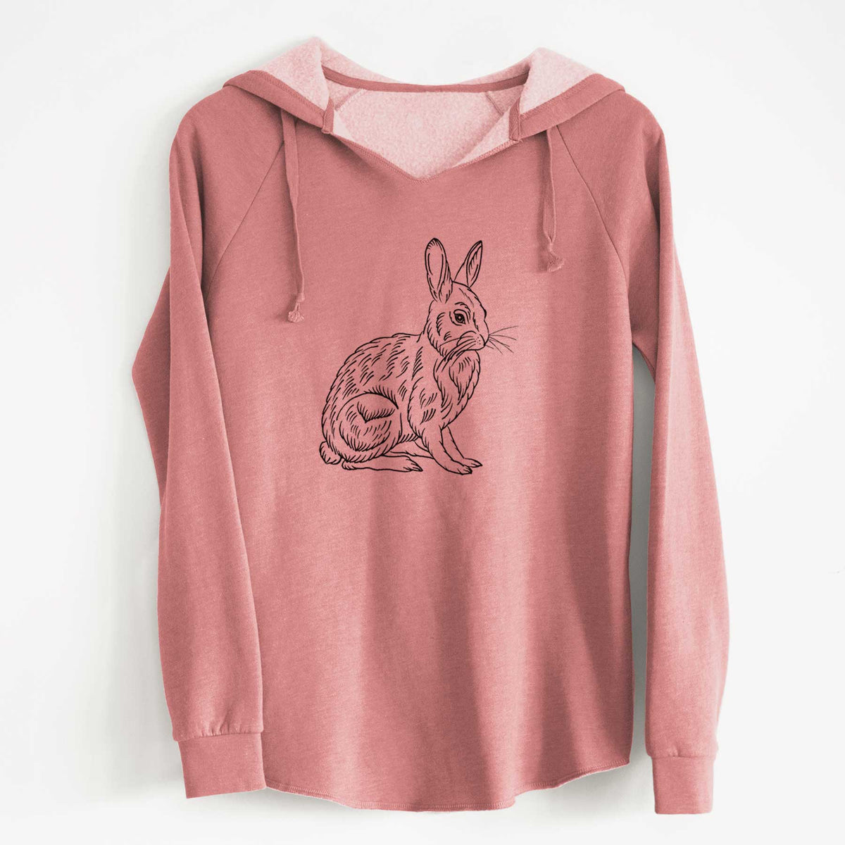 Dusty rose women's Cali Wave hooded sweatshirt laid flat, printed with a detailed black ink illustration of a snowshoe hare sitting upright.
