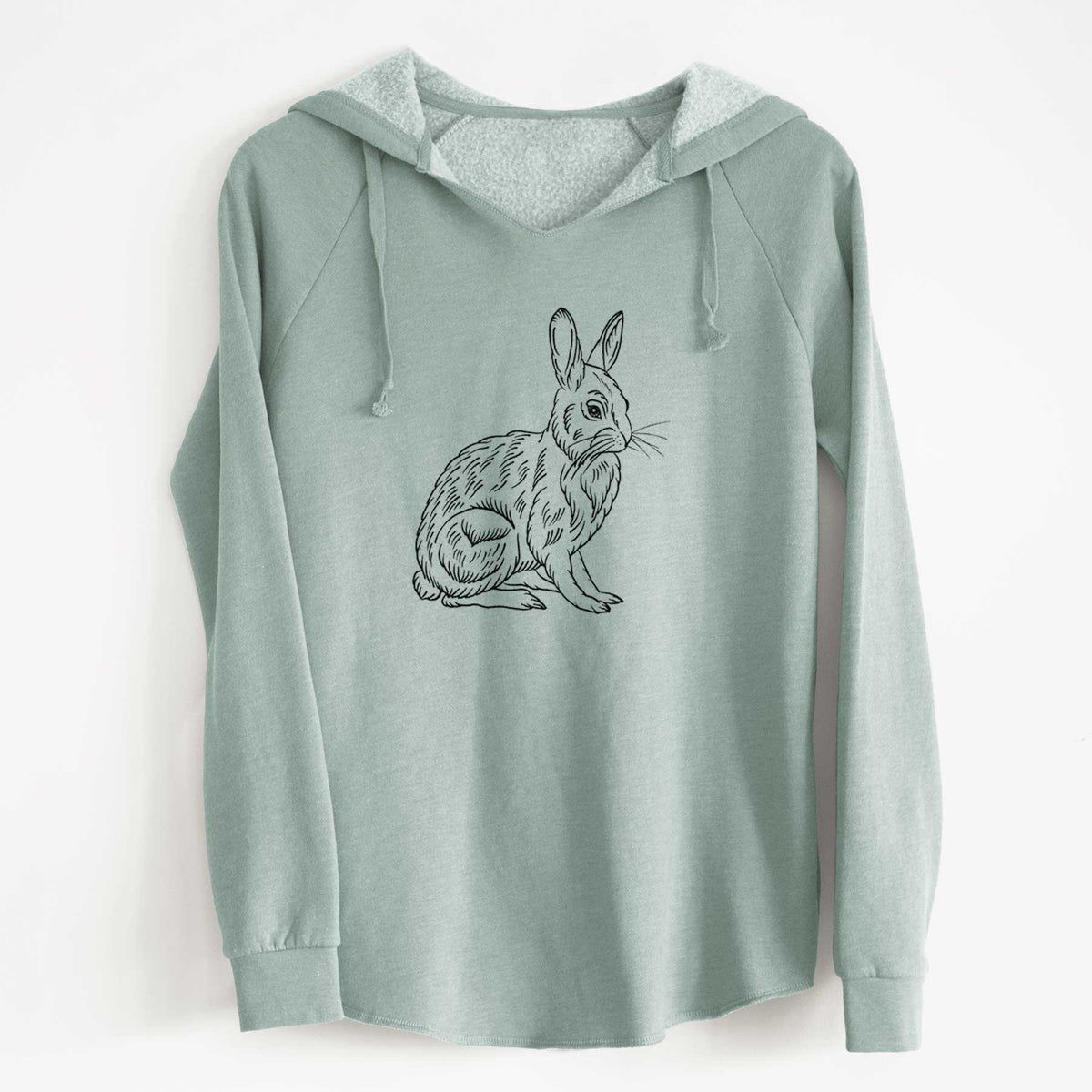 Sage green women's Cali Wave hooded sweatshirt laid flat, printed with a detailed black ink illustration of a snowshoe hare sitting upright.