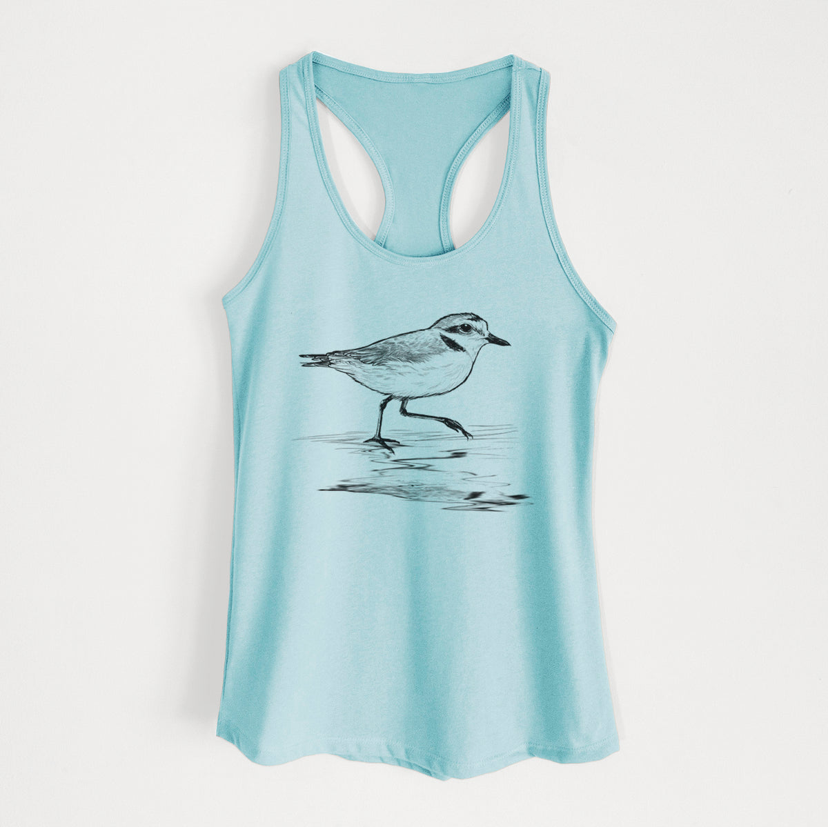 Cancun blue women's racerback tank top laid flat, printed with a black ink sketch of a snowy plover running along the wet shoreline.