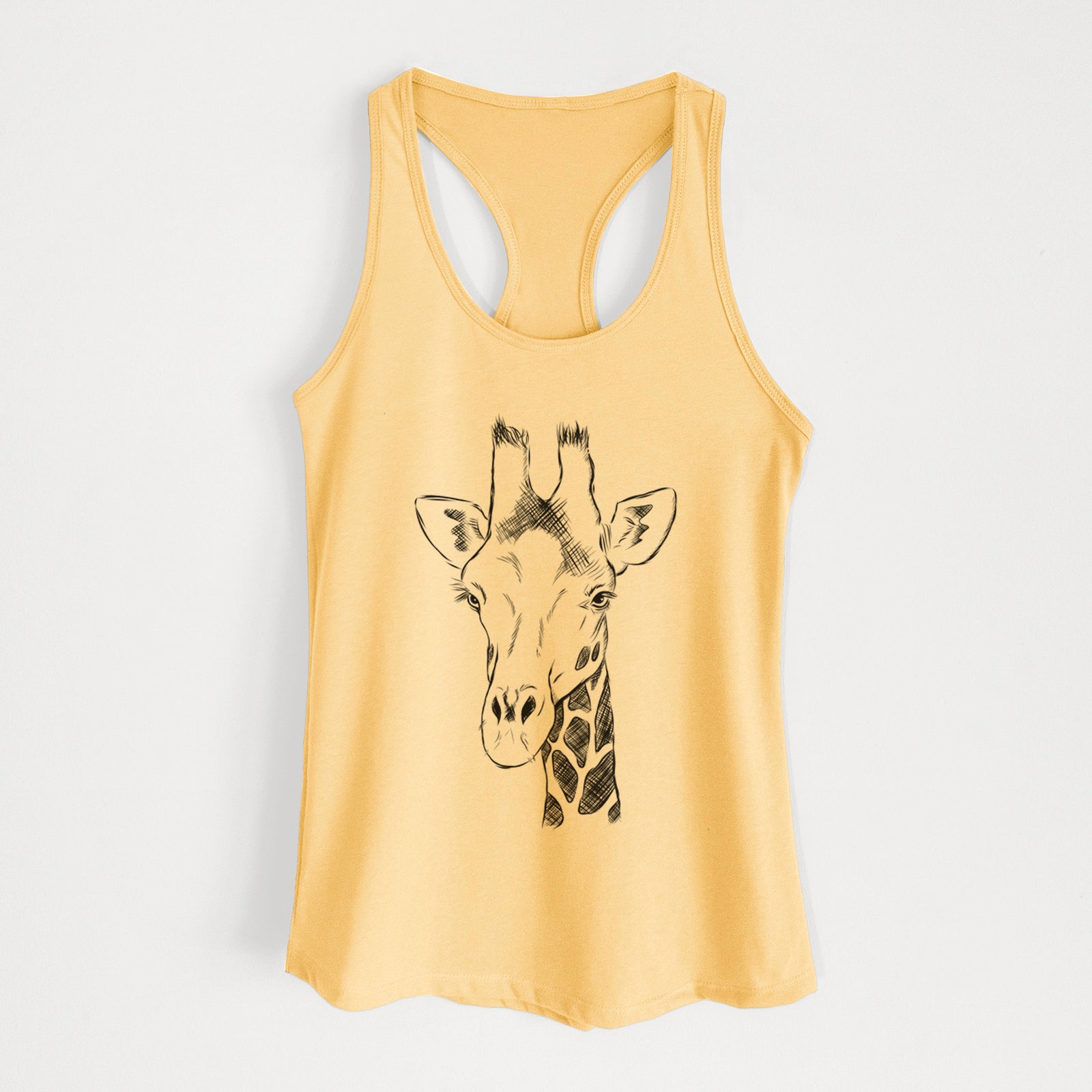 Banana cream women's racerback tank top laid flat, printed with a black ink portrait of a southern giraffe's head and neck.