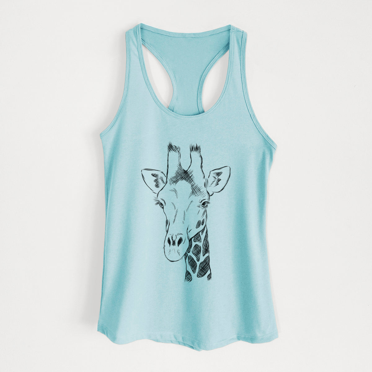 Cancun blue women's racerback tank top laid flat, printed with a black ink portrait of a southern giraffe's head and neck.