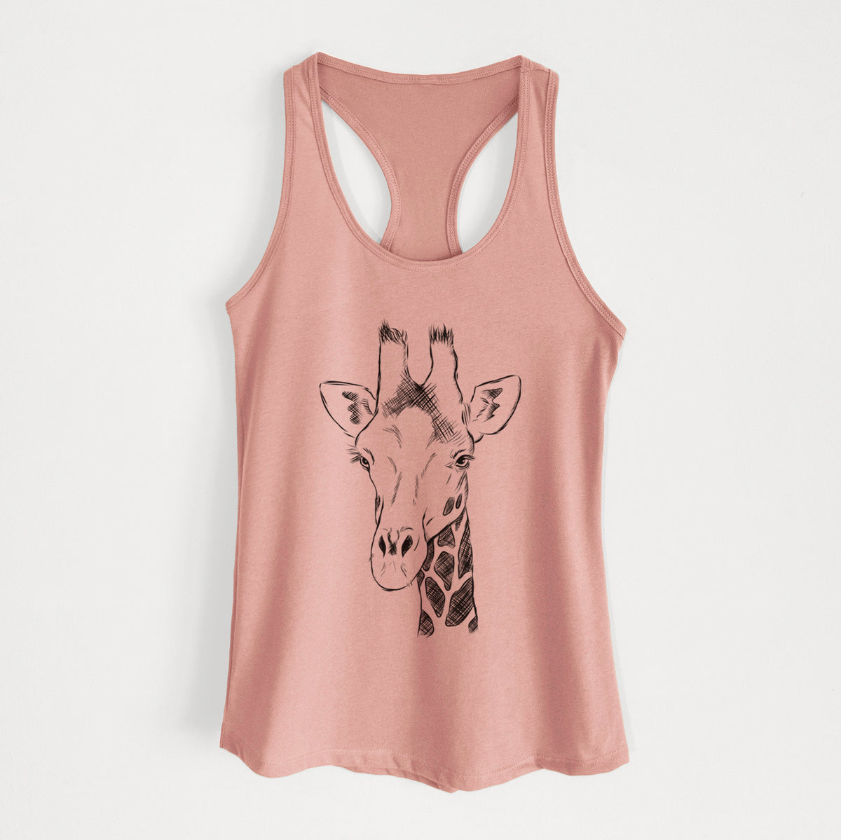 Desert pink women's racerback tank top laid flat, printed with a black ink portrait of a southern giraffe's head and neck.