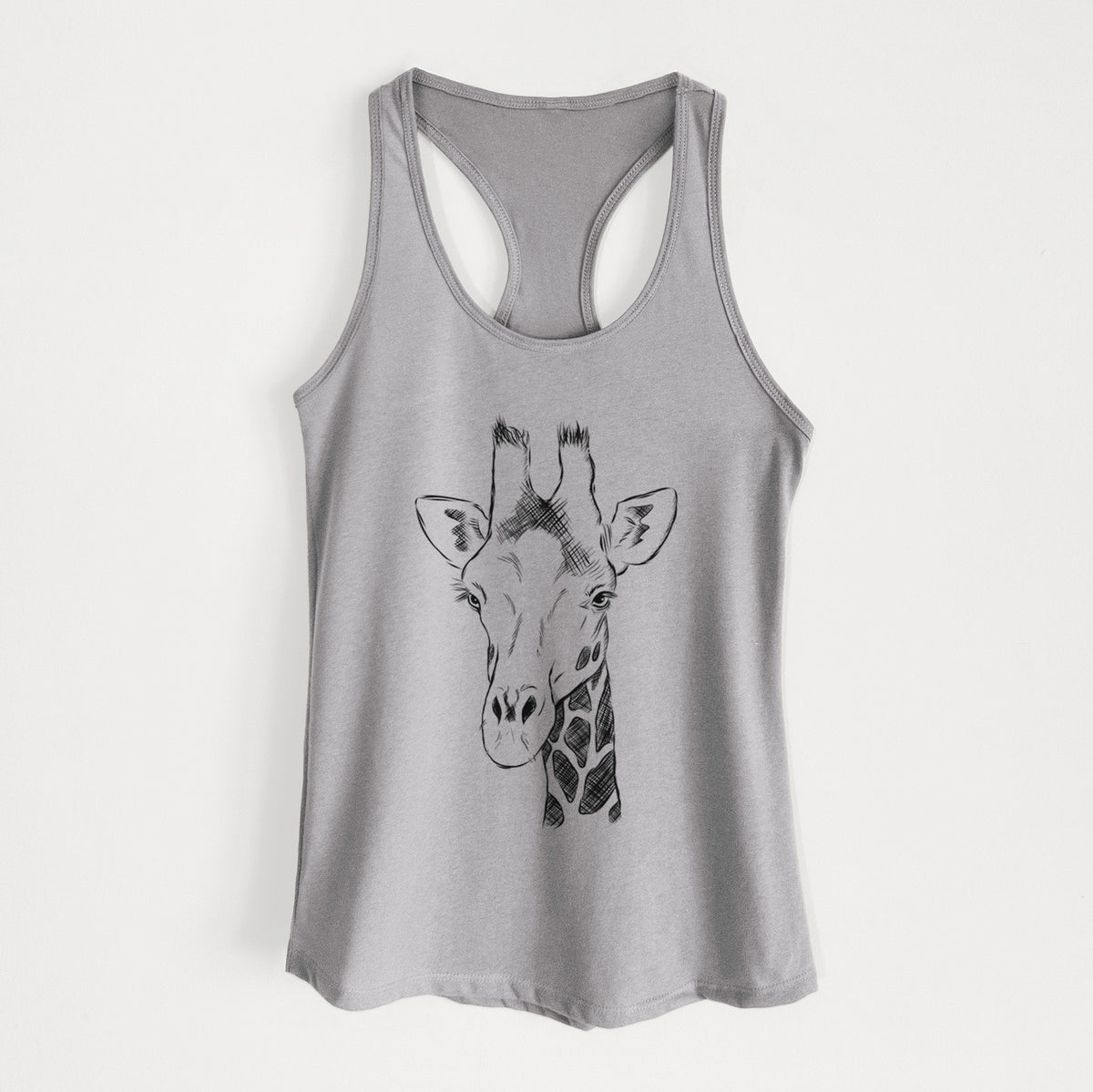 Heather grey women's racerback tank top laid flat, printed with a black ink portrait of a southern giraffe's head and neck.