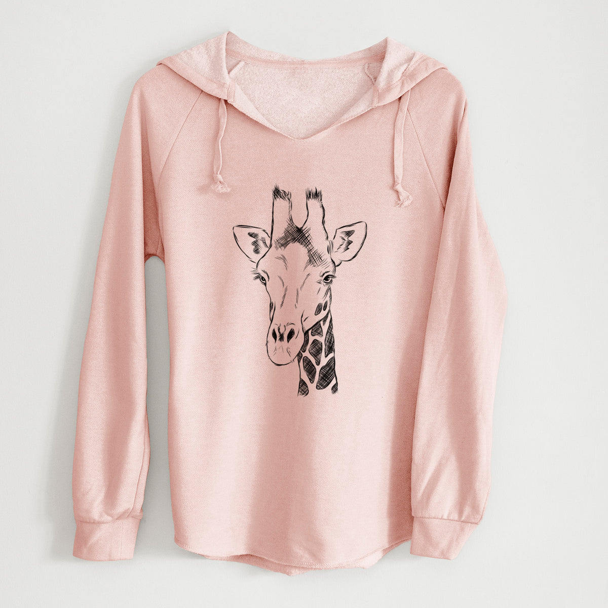 Blush pink women's Cali Wave hooded sweatshirt laid flat, printed with a black ink portrait of a southern giraffe's head and neck.