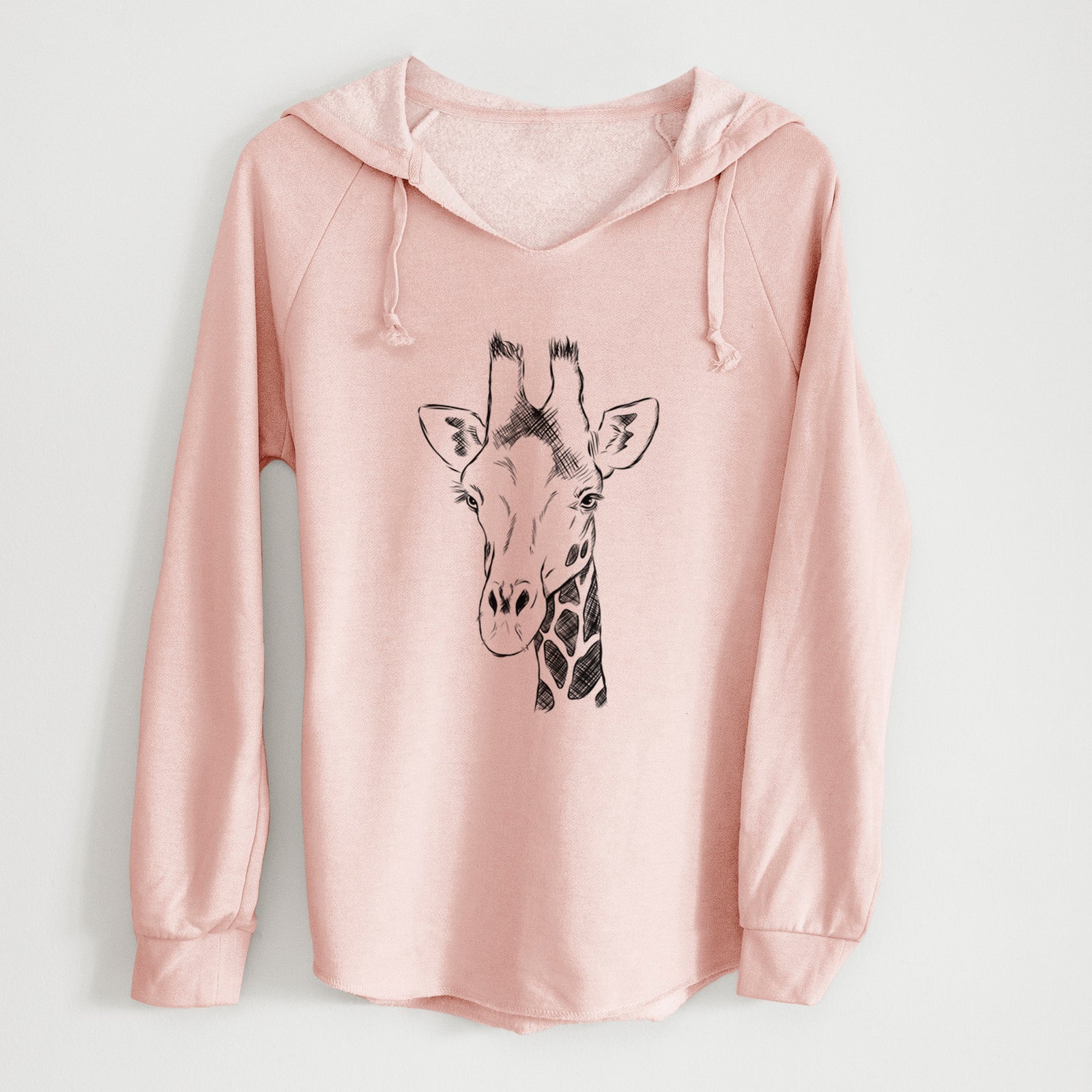 Sage green women's Cali Wave hooded sweatshirt laid flat, printed with a black ink portrait of a southern giraffe's head and neck.