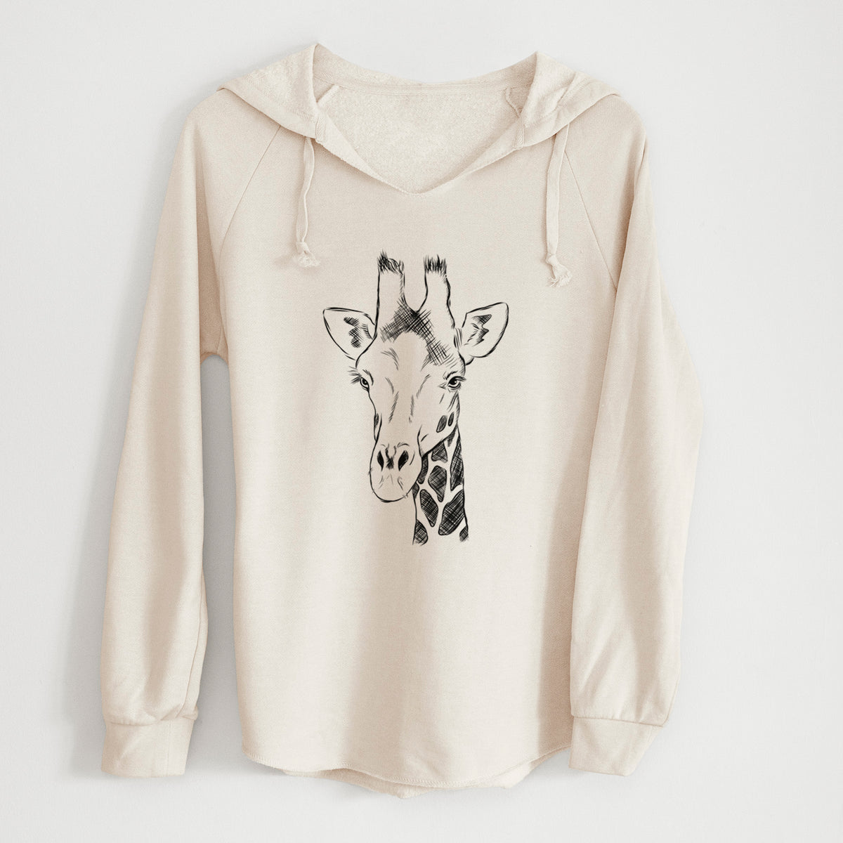Bone cream women's Cali Wave hooded sweatshirt laid flat, printed with a black ink portrait of a southern giraffe's head and neck.