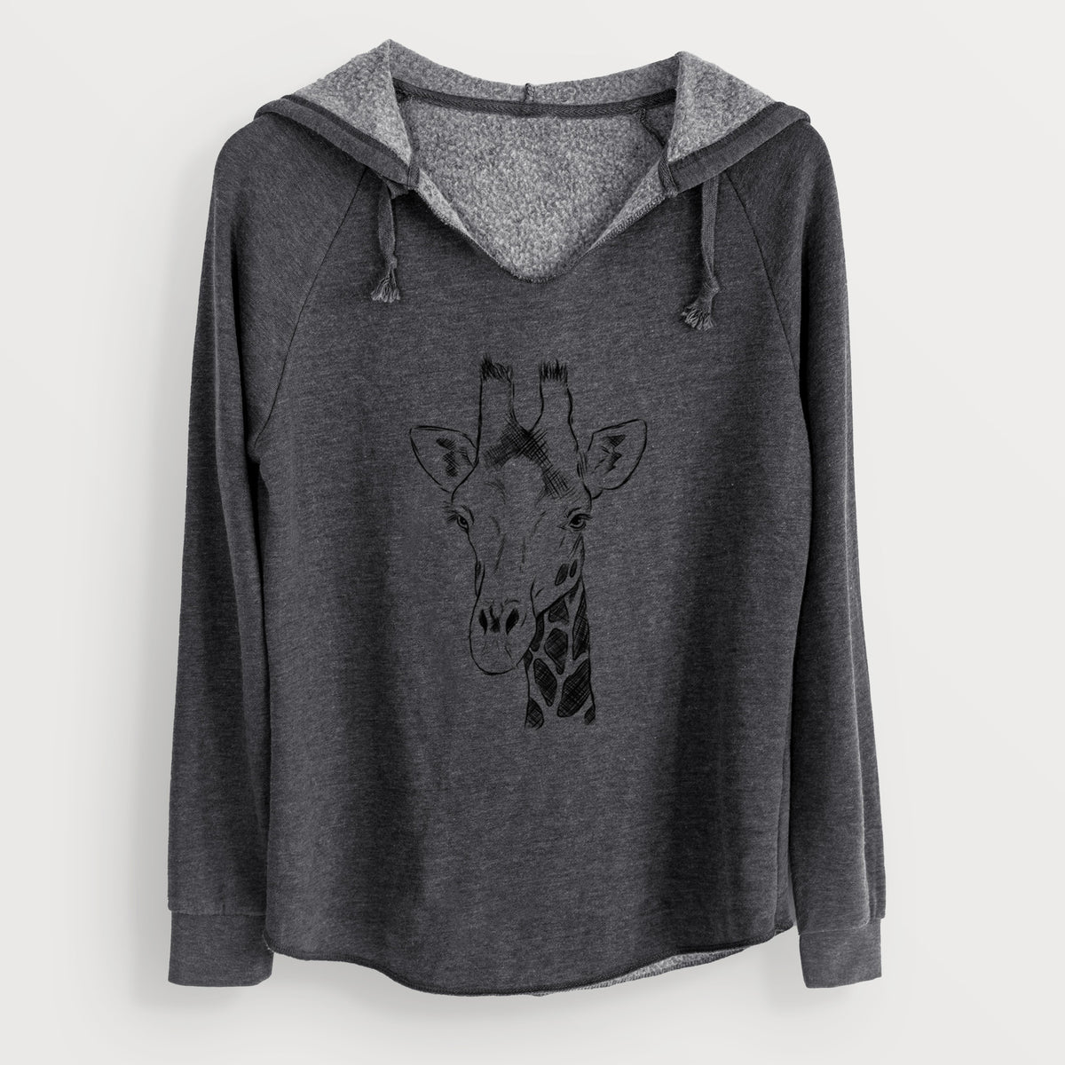Charcoal grey women's Cali Wave hooded sweatshirt laid flat, printed with a black ink portrait of a southern giraffe's head and neck.
