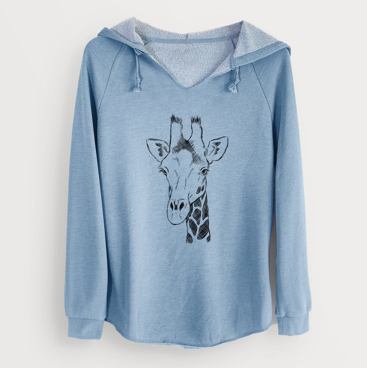 Misty blue women's Cali Wave hooded sweatshirt laid flat, printed with a black ink portrait of a southern giraffe's head and neck.