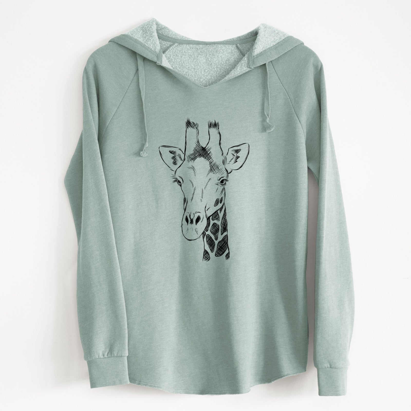 Sage green women's Cali Wave hooded sweatshirt laid flat, printed with a black ink portrait of a southern giraffe's head and neck.