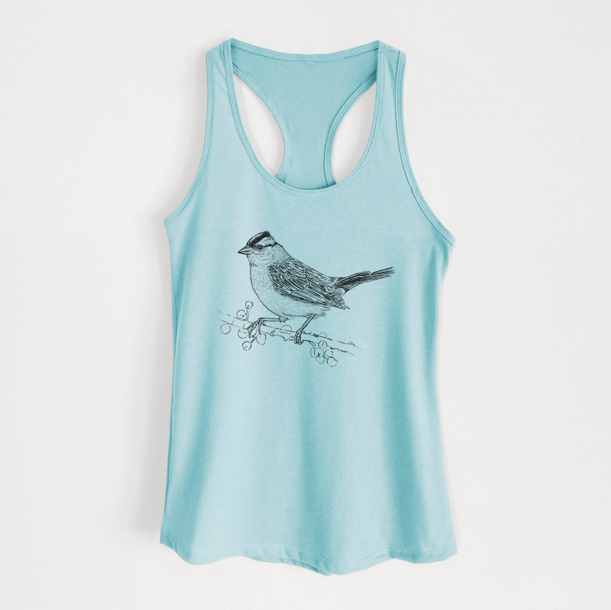 Cancun blue women's racerback tank top laid flat, printed with a detailed black ink sketch of a white-crowned sparrow perched on a branch.