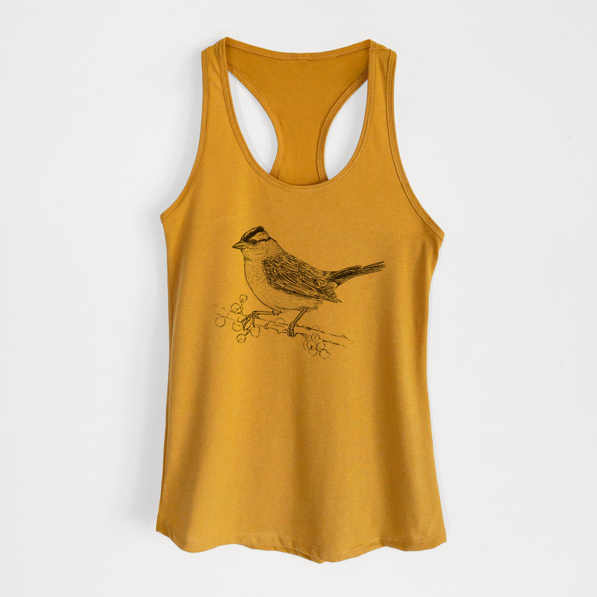 Gold women's racerback tank top laid flat, printed with a detailed black ink sketch of a white-crowned sparrow perched on a branch.