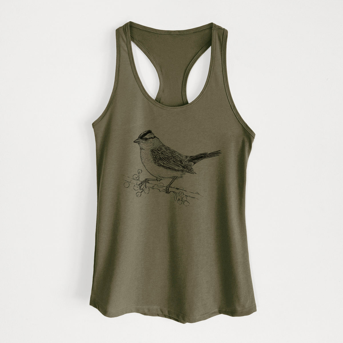 Military green women's racerback tank top laid flat, printed with a detailed black ink sketch of a white-crowned sparrow perched on a branch.