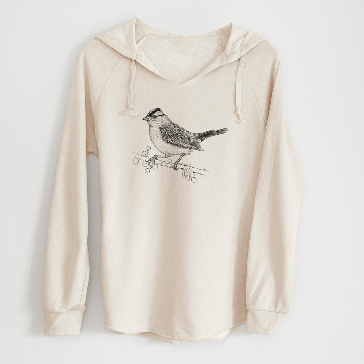 Bone cream women's Cali Wave hooded sweatshirt laid flat, printed with a detailed black ink sketch of a white-crowned sparrow perched on a branch.