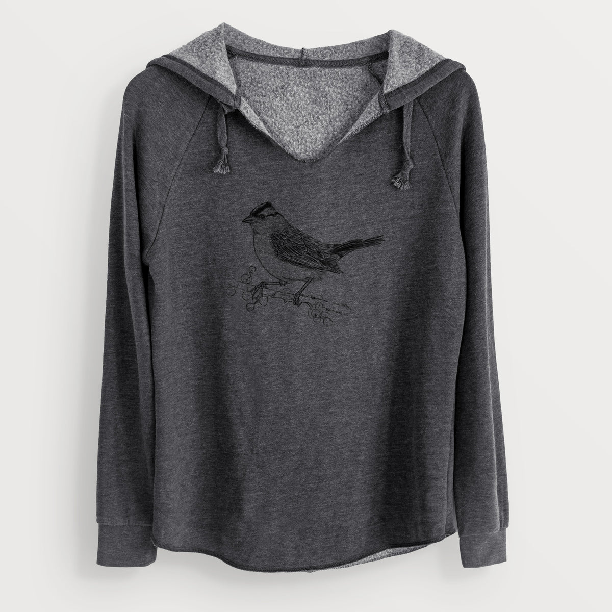 Charcoal grey women's Cali Wave hooded sweatshirt laid flat, printed with a detailed black ink sketch of a white-crowned sparrow perched on a branch.