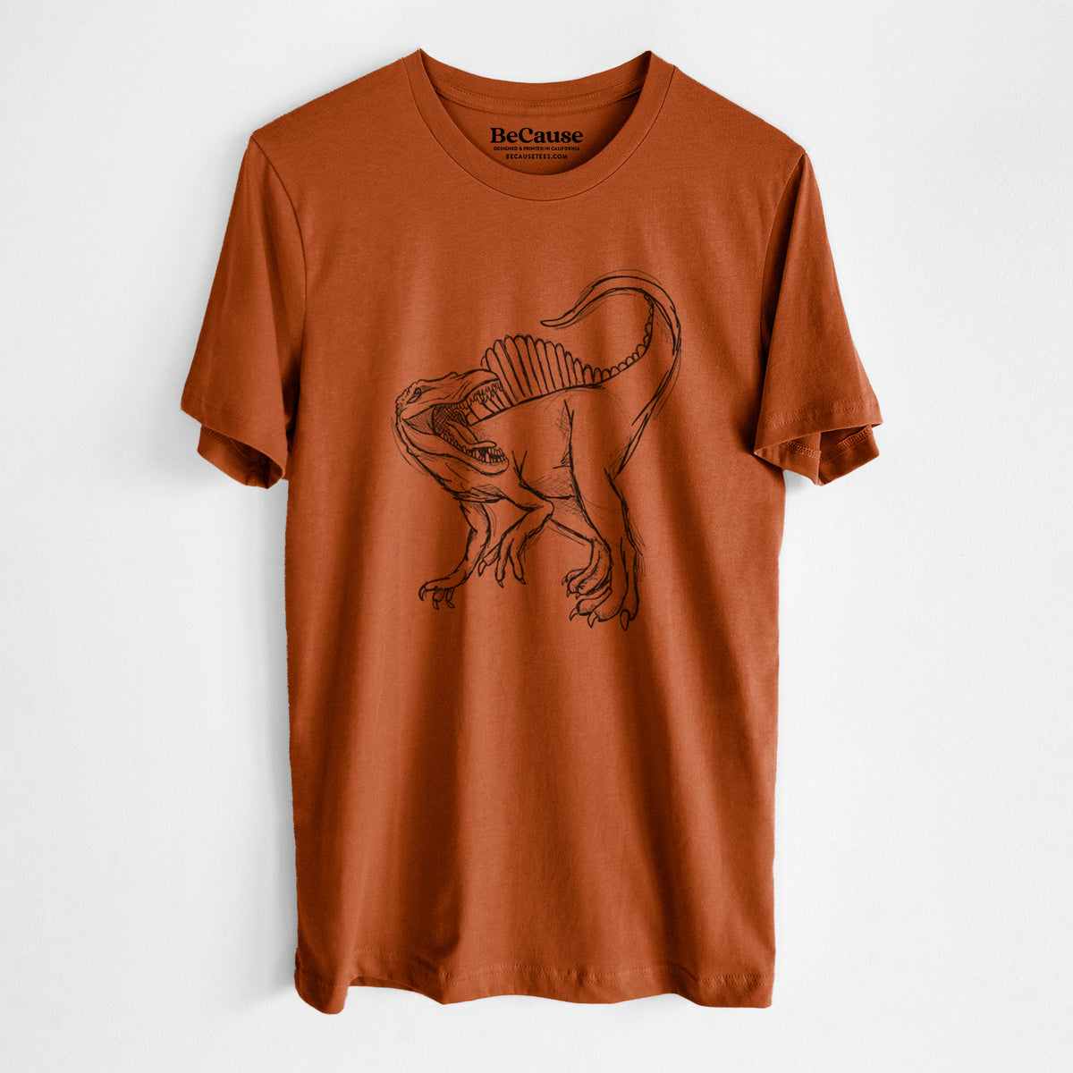 Autumn lightweight cotton t-shirt laid flat, printed with a black ink illustration of a Spinosaurus with its tall sail-shaped back.
